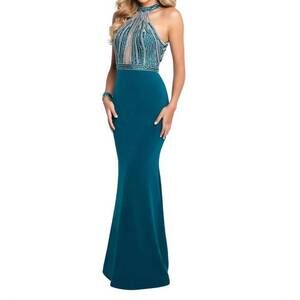 NEW BLUSH PROM sheer beaded keyhole prom dress in evergreen